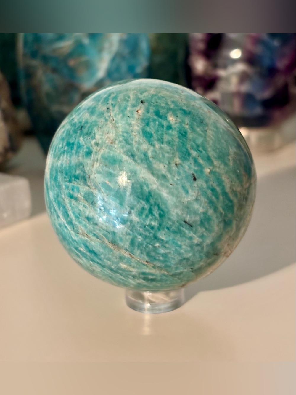 Amazonite Crystal Sphere | Polished Blue Green Stone with Stand